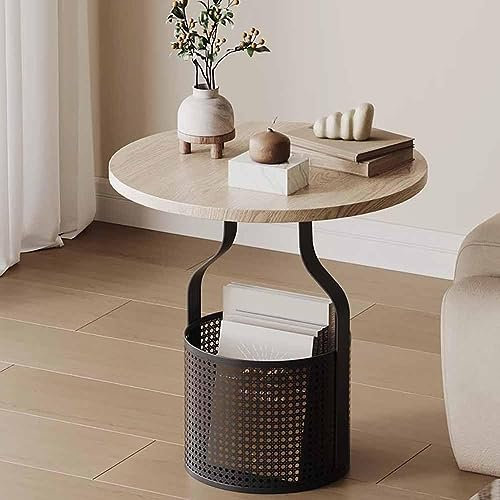 EYPKPL Beistelltisch, Metallrahmen, Couchtisch, Massivholz-Beistelltisch mit Aufbewahrungskorb, Nachttisch, runder moderner Tabletttisch