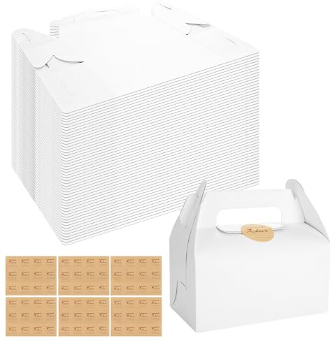 WOPPLXY 50 Stück Gebäckkarton, 16 x 9,2 x 8,5cm Cupcake Box mit Tragegriff und Aufklebern für das Verpacken und Transport von Kekse, Gebäck, Süßwaren (Weiß)
