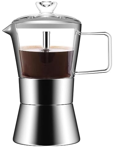 Durratou Cafetera con tapa de vidrio y acero inoxidable, cafetera espresso Moka, cafetera clásica, 240 ml