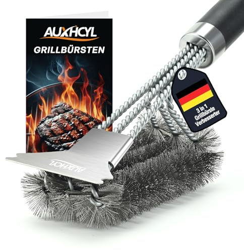 AUXHCYL Grillbürste Edelstahl, 3-in-1 Grill Bürste mit Schaber, PP Wärmedämmung Drahtbürste Grill, 45.5cm Extra Langer Edelstahl BBQ Grill Reinigungsbürste für Gasgrill, Holzkohlegrill, Grillrost