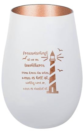 Der-Porzellan-Laden Windlicht mit Gravur Weiß Bronze Teelichthalter | Freundschaft ist wie EIN Leuchtturm, aus Glas mit Spruch, Tischdeko modern