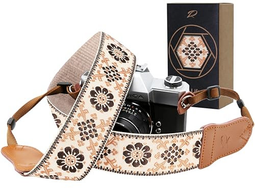 Padwa Lifestyle Sangle Appareil Photo - Extrémités en Cuir de Vachette Ddouble Couche,Sangle D'appareil Photo en Coton Brodé de 2,Bandoulière Photographe Réglable Pour Tous Les Appareils Photo DSLR