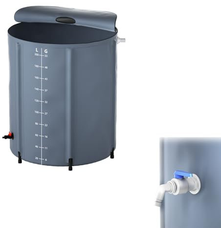 LILIIN Serbatoio dell'acqua piovana pieghevole da 200 l, serbatoio dell'acqua piovana con valvola di scarico, serbatoio dell'acqua in PVC, con griglia di ingresso dell'acqua, 50 galloni, grigio scuro