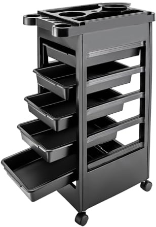 Carro de peluquería, carro de trabajo, carro de trabajo apilable, negro, estante con ruedas, para peluquería, salón de belleza, con 5 cajones, soporte para secador de pelo y 4 ruedas, 50 x 32 x