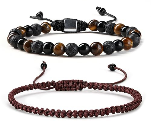 Krfy Armband Herren Set Armband Handgemachte Naturstein Armband Tigerauge Männer Armbänder Lavastein Armband Verstellbare Armbänder für Herren 6 mm 8 mm