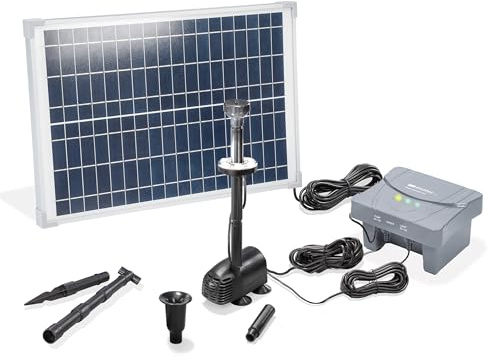 Esotec 25/700 LED Bomba Solar de Estanque Con Filtro para Riego Exterior 700 l/h - Batería LiFePo4, Módulo 25 W, Fuente de Agua Con Juego