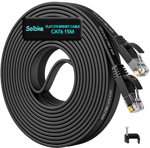 Cable Ethernet 15m, Cat 6 Câble Réseau RJ45 Plat 15 Mètres Haut Débit Fibre | Fil Ethernet Extérieur/Intérieur Gigabit Noir 1000Mbit/s Cable LAN Internet pour Switch Routeur