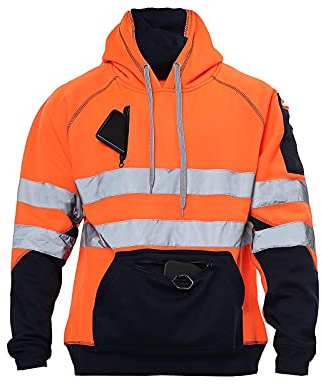 BSBAAA FASHIONS® Hi Viz Hoodie Sweatshirt Safety Work Reflective Tape Band Work Warm Security High Visibility Sweatshirt 3 Zip Pocket Pullover Hooded Top Plus Size S-5XL