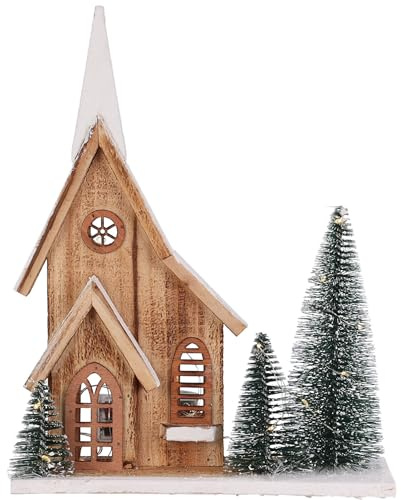 Annastore Lichterhaus aus Holz mit Tannenbäumen und LED-Beleuchtung | In warmweiss - Inkl. Timer - H 35 cm Batteriebetrieben - Weihnachtsbeleuchtung Haus mit warmweissen LED´s