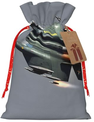 HJLUUFT Jutebeutel mit Jetfighter-Druck, Weihnachts-Geschenktüte mit Kordelzug und Geschenkanhänger, Hochzeit, Weihnachten, Partyzubehör