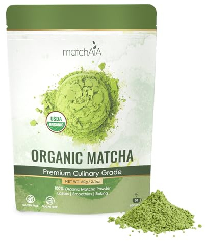 MatchAiA Organic Matcha Green Tea Powder - Premium Culinary Grade, USDA Certified, 100% Pure - Perfect for Lattes, Smoothies, Desserts and Baking - Sugar Free, Gluten Free (60g / 2.1oz Pouch)