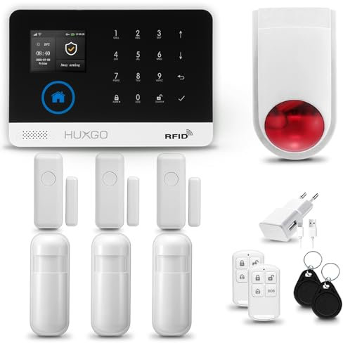 HUXGO® HXA003 Antifurto casa wireless WiFi + GSM con radio sirena | Kit allarme casa senza fili: 3x rilevatori di movimento, 3x sensori di allarme per finestre/porte | Per Casa, Appartamento