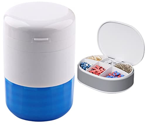 KANLVU 4 En 1 Coupe Comprimé Avec Distributeur Gobelet Amovible Et Broyeur Coupe Medicaments Pour Coupe Les Pilules, Vitamines, Comprimés Coupe Cachet(Bleu)
