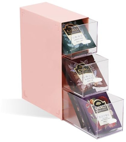 DIBALIYI 1PCS Porta Cialde Caffe, Couvercle Transparent Plastique Porta Tisane Bustine da te a 3 Cassetti, Accès Facile Contenitore per Tè, Bustine, Tè in, Cialde Caffè (1PCS Rosa)