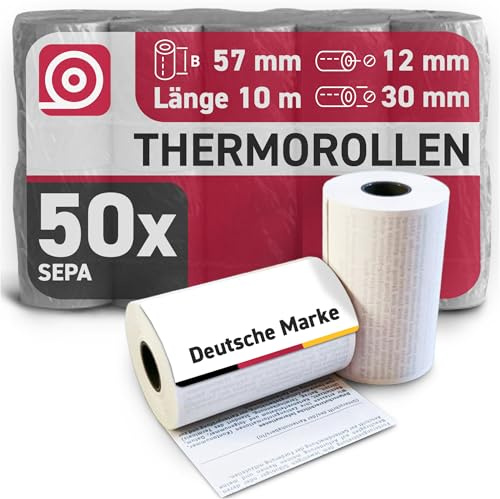 Gebongt24 Thermorollen 57 mm x 10m x 12 mm mit 55g/m² – phenolfrei mit SEPA-Lastschrifttext – 50 Kassenrollen mit ⌀ 30 mm – für EC-Cash & Kassenbondrucker