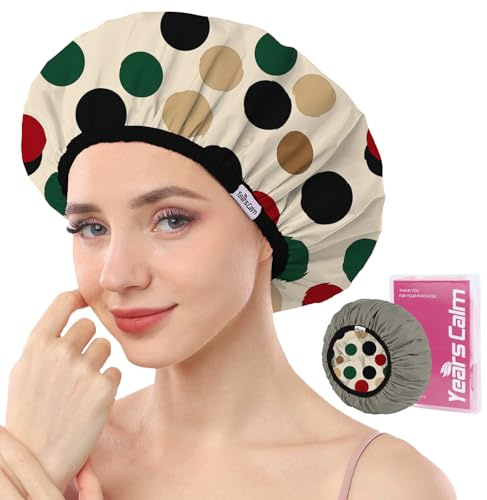 Years calm Bonnet de douche de luxe pour femme réutilisable et imperméable – Bonnet de bain double couche à pois avec élastique réglable pour tresses et cheveux longs, confortable et élégant