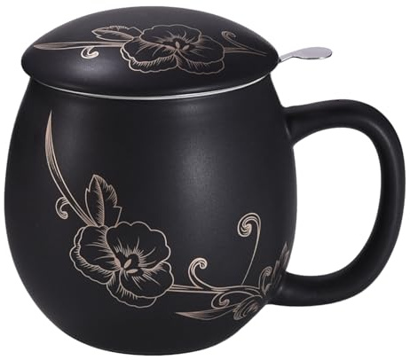 Yundu Taza de cerámica de 12 onzas con tapa y colador de té, taza de té negro mate con flor dorada, infusor de acero inoxidable para té de hojas sueltas