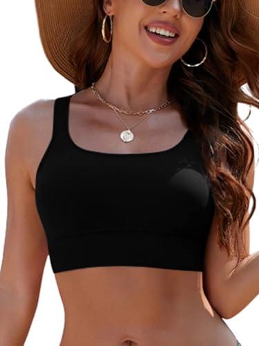 SHEKINI Bikini da donna imbottito, reggiseno sportivo, spalline regolabili, con scollo a U, per spiaggia, piscina e sport acquatici, Nero , XXL