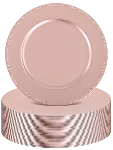 FXKS 36 Pcs Rose Gold Charger Plates Round Charger Plates13 Inch Bulk Wedding Dinner Elegant Reusable Plastic Chargers Plates Wedding Holiday Party Baby Shower Event Decoration (Rose Gold)