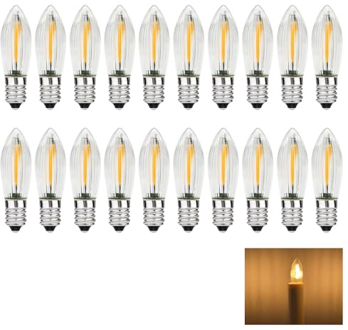 MZYOYO 20er Pack E10 LED Glühbirne,AC34V Spitzkerzen Birnen für Schwibbogen,E10 LED Kerzen für Schwibbogen,2100K Warmweiß,Ersatzbirnen Lichterkette für Weihnachtsbaum,34V 34V 0,2W,3LM