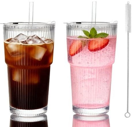 Siocok 2 Pack-600ml Glass Tumbler with Lid and Straw, Ribbed Glass Cups | Leakproof Glass Cups, Iced Coffee Cup, for Iced Coffee, Cocktail, Tea, Smoothie, Iced Latte, Matcha, Cold Drinks(600ml-2Pack)