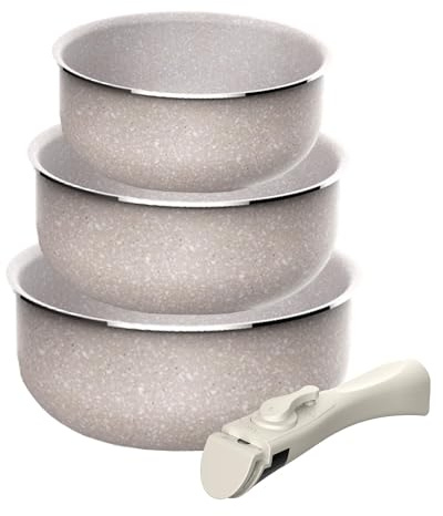 Juego de 3 Cacerolas Ø16Ø18Ø20cm en aluminio prensado con revestimiento ILAG + Mango extraíble Click&Cook, Apto inducción, antiadherentes, sin PFOA, apto lavavajillas y horno
