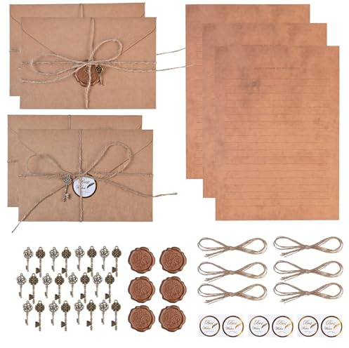 Vintage Pergamentpapier Set - 44 Blatt Vintage Briefpapier A5 & 12 Mittelalter Umschläge für Liebesbriefe - Romantic Altpapier Rolle für Weihnachten, Geburtstage und Mittelalter Deko als Geschenkidee