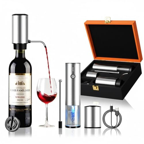 Bsteciar Sacacorchos Eléctrico Recargable, Kit de Regalo 4 en 1 con Abridor Automático, Avinador Eléctrico, Tapón de Vacio y Cutter de Lámina, Ideal para Regalos de Festival y Amantes del Vino