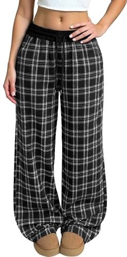 Adigau Pantalon Vintage à Carreaux pour Femme Pantalons Décontracté à Taille Basse Pantalon de Jogging Large à Poches Pantalons Long Y2K Streetwear