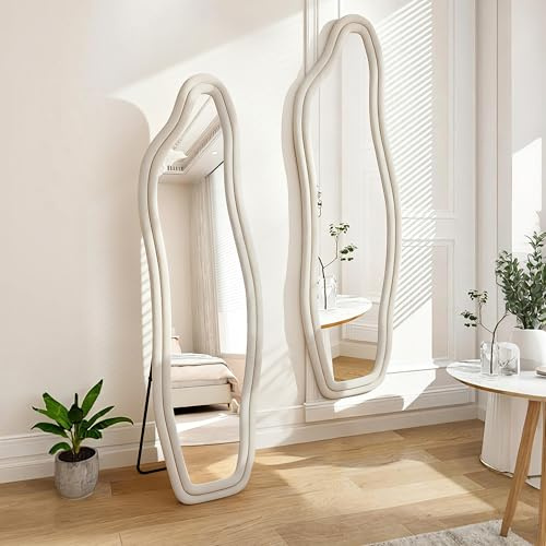BIYFSDS Standspiegel, unregelmäßig, 160 x 50 cm, Integralspiegel mit Adre aus Samt, voller Länge, großer Wandspiegel zum Aufstellen oder Aufhängen, für Schlafzimmer, Wohnzimmer, Ankleidezimmer (weiß
