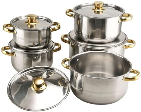 Utensilios de cocina de acero inoxidable: kit antiadherente de diez piezas, gama de ollas y sartenes para el hogar, herramientas de cocina con acabado de espejo, surtido de sartenes y cacerolas con ca