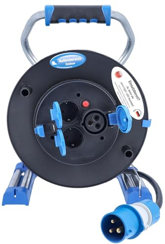 AS - Schwabe - Carrete de cable de camping (25 m, enchufe CEE 16 A, 1 toma CEE 230 V/16 A/3 pines, 2 enchufes empotrables 230 V/16 A, USB A+C, indicador de tensión, IP44