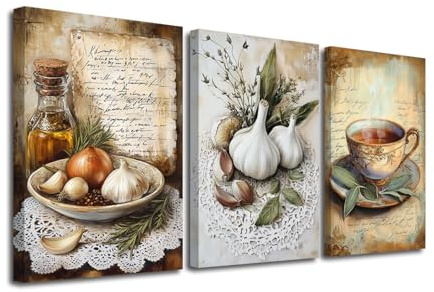 LZIMU 3er-Set Oliven-Leinwandkunst Küchenbild Wanddekoration rustikales Olivenöl und Knoblauch Kaffee Kräutertee Gemälde Drucke Bauernhaus-Dekor für Esszimmerrahmen (Schwarz, 28x35cmx3 Teilig)