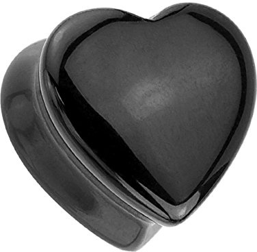 Paula & Fritz® Plug mit Sattelverschluss aus Naturstein schwarzer Onix Form Herz 6-16mm PST6-05