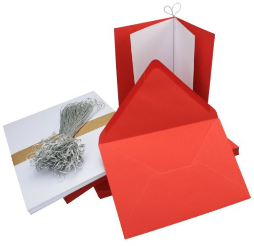25x Falt-Karten Set in Rot inklusive Brief-Umschläge DIN B6 - Faltkarte B6 - Einlegeblatt und silbernem Schmuckband