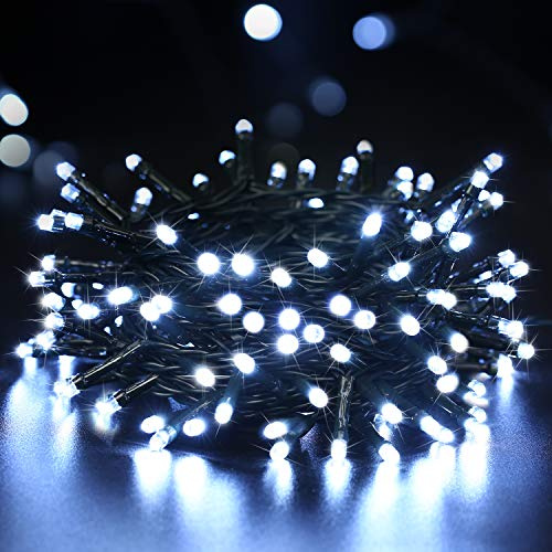 BrizLabs Luci Natalizie Esterno 10M 100 LED Luci Stringa a Batteria 8 Modalità Impermeabile Cavo Verde Catena Luminosa Decorazioni Natalizie per Giardino, Albero di Natale, Matrimonio, Bianco Freddo