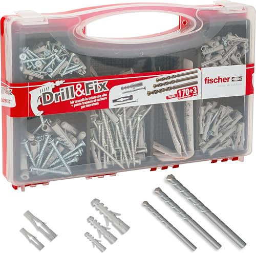 Fischer Valigetta Drill & Fix, 170 Tasselli con Vite + Punte per Trapano Muro