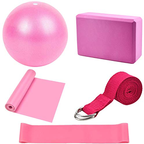 5Pcs Set di Yoga,Blocchi Yoga,Training Bande Elastici Fitness,Fasce Elastiche Fitness,Cinghia Yoga Cotone,Piccola Palla Pilates Set Principianti e Avanzati per Fitness Yoga e Pilates, Palestra (Rosa)