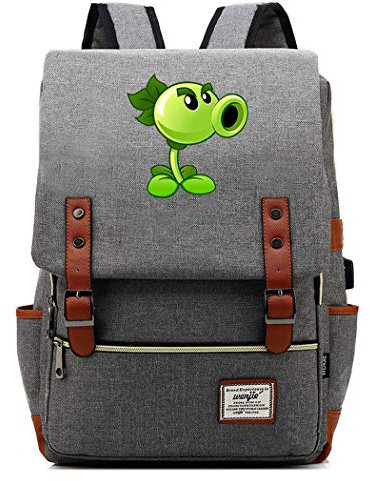 WANHONGYUE Plants vs. Zombies Spiel Backpack Vintage Schulrucksack Studententasche Schulranzen 15,6 Zoll Laptop Rucksack mit USB-Ladeanschluss Light Grey / 1