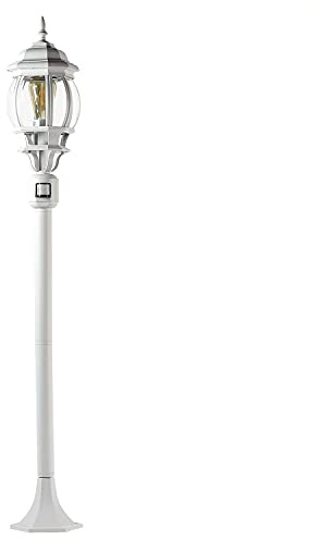 Licht-Erlebnisse Luminaire de chemin avec détecteur de mouvement en verre et aluminium blanc IP44 jardin H:123,5 E27 Lanterne style maison de campagne rustique lampe sur pied extérieure BREST