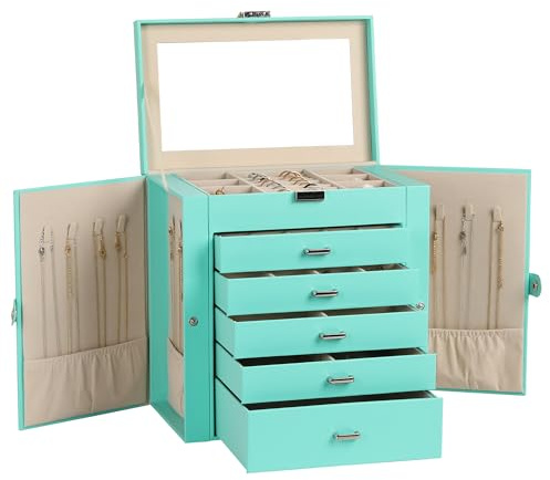 Frebeauty große PU-Leder Schmuckbox, 6-stöckig mit Spiegel und Schubladen | Kunstleder, Integrierter Spiegel, Geräumige Schmuckaufbewahrung, 16 Haken Für Halsketten, Ringe, Ohrringe Und Armbänder