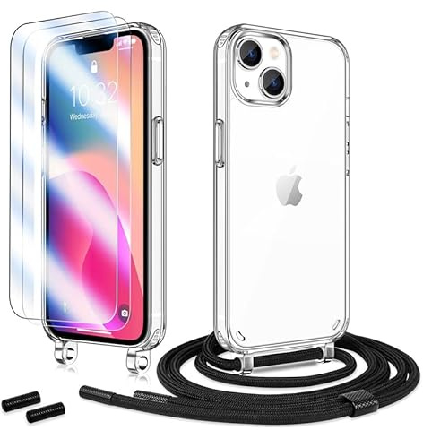 Anshow Handykette für iPhone 13 Hülle mit Band + 2 Schutzfolie, Robust Necklace Extrem Stoßfest Handyhülle iPhone 13 Case Transparent Schutzhülle zum Umhängeband Abnehmbar, Schwarz