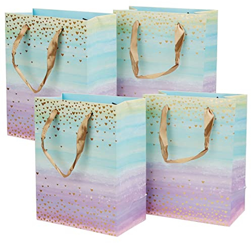 4 Pcs Medium Size Gift Bags for Presents with Ribbon Handles | Coloful Little Heart Pattern Gift Bag DIY Paper Gift Bags, Shopping, Parties,Wedding, Baby Shower (23x 18x 10 cm)