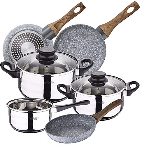 San Ignacio Toledo Bateria de cocina 5 piezas, acero inoxidable, con juego sartenes Daimiel (18/20/22 cm) en aluminio forjado aptas para induccion, Cromado / Gris