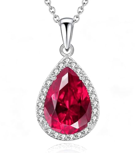 VONSSY Damenkette Edelstein Anhänger Halskette | Oval Teardrop Birne Kristall Rubin Smaragd Saphir Birthstone Halskette | Platin-Silber-Schmuckgeschenk