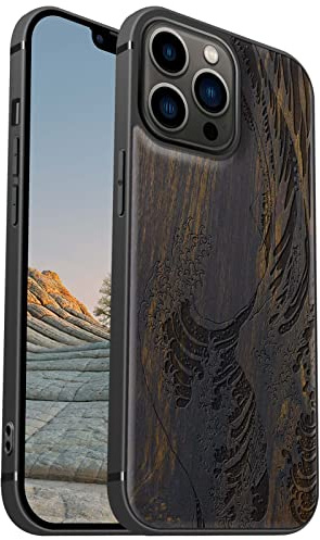 Carveit Coque magnétique pour iPhone 13 ProMax Étui [Amulette Bois Sombre] [Pare-Chocs en TPU Souple] Case de téléphone Compatible Magsafe avec 13ProMax Coque Bois (Grande Vague Kanagawa)