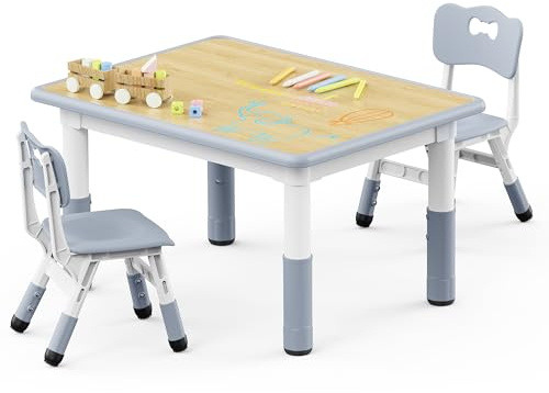 Brelley Kids Table and 2 Chairs Set, Height Adjustable Toddler Table and Chair Set, Graffiti Desktop, Classroom/Daycare/Home, Children Multi-Activity Table for Ages 2-8