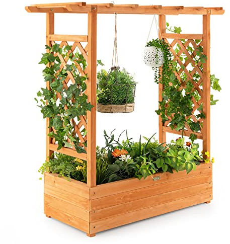 COSTWAY Jardinière avec 2 Treillis Latéraux et Toit Suspendu (Orange) | Lit de jardin en bois de sapin pour plante grimpante avec trou de drainage et résistance aux intempéries, 110 x 44 x 113,5 cm