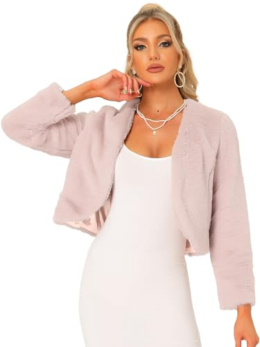 Allegra K Chaqueta Recortada para Mujer Abrigo de Invierno Bolero de Manga Larga con Frente Abierto de Piel Sintética Rosa XL