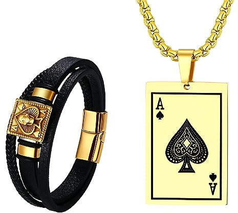 OIDEA Herren Halskette Armband Set, Kette aus Edelstahl mit Keltischer Knoten Kreuz Spielkarte Anhänger & Breit Armband aus Echtleder, Gold Silber